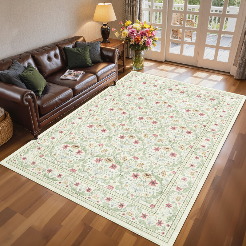 Floral Washable Living Room Rug Non Slip, Low Pile Foldable Printed Mat, Soft Non Shedding Floor Covering, Rectangle 8' x 10'