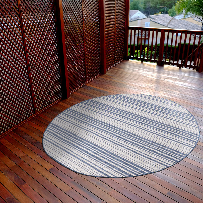 Tapis rayé bleu intérieur / extérieur Waikiki, Rond 6 pi 7 po