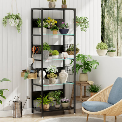 Étagère en verre à 4 niveaux avec lumières RVB, armoire vitrée lumineuse à DEL avec boîte de rangement réglable et crochets, étagère sur pied en métal pour objets de collection, plantes, livres, salon, chambre à coucher, bureau