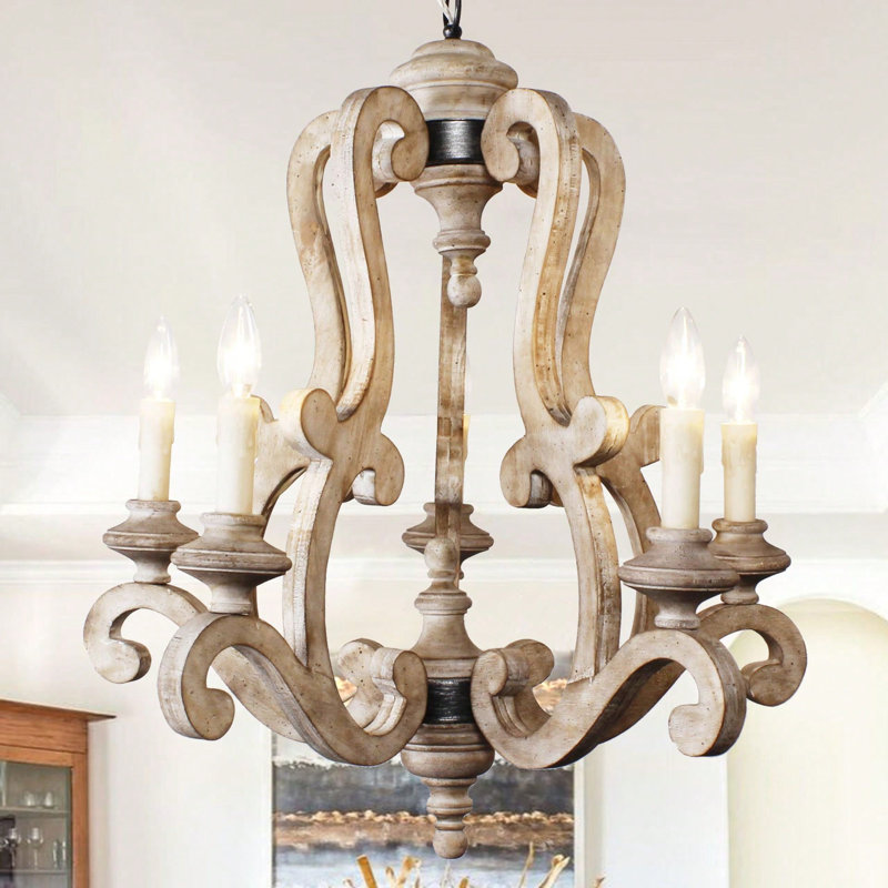 5 - Light Farmhouse French Country Candle Geometric Wood Chandelier, Rustic Pendant Lights for Foyer, Weathered Wood