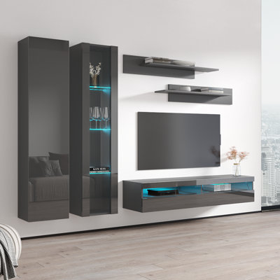 100" Modern Floating Wall Mounted Entertainment Center with 16-Color LED Lighting, High Gloss Finish