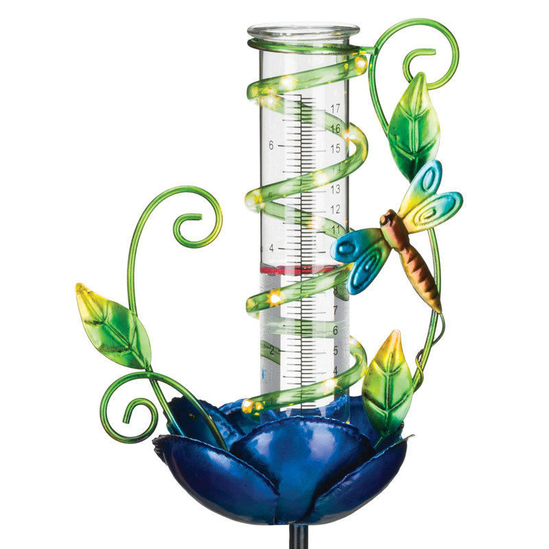 Dragonfly Design 38'' Solar Powered Metal Rain Gauge Stake