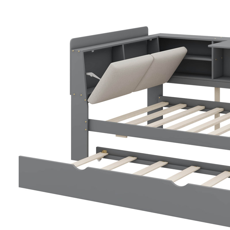 Functional Platform Bed With Pull Out Trundle Shelving Units And Storage Headboard, Grey