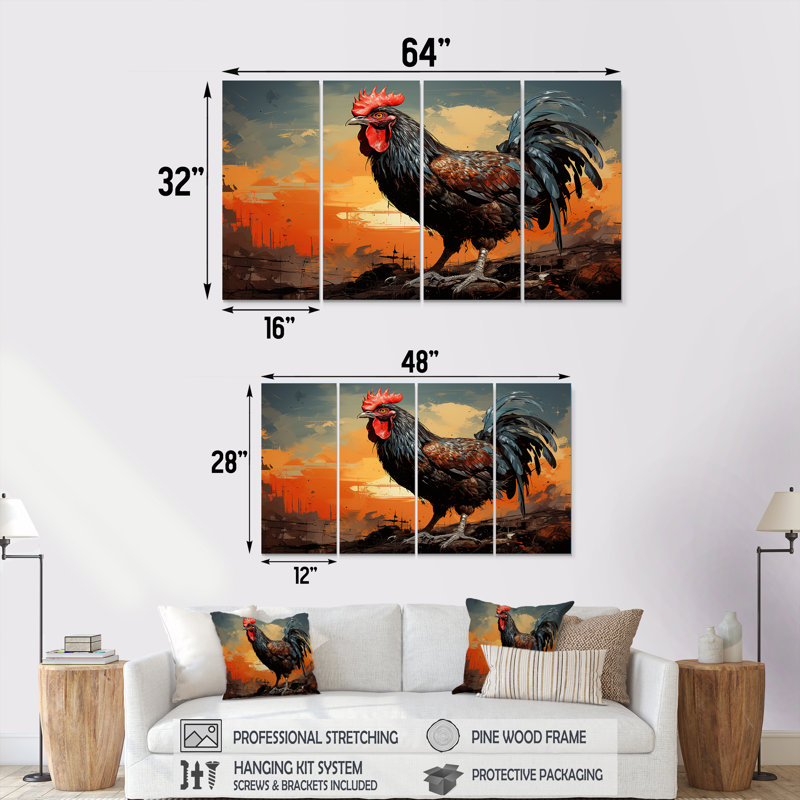 Sunset Roosters Farmyard I - Coq, art mural 4 pièces, H 32 po x l 64 po