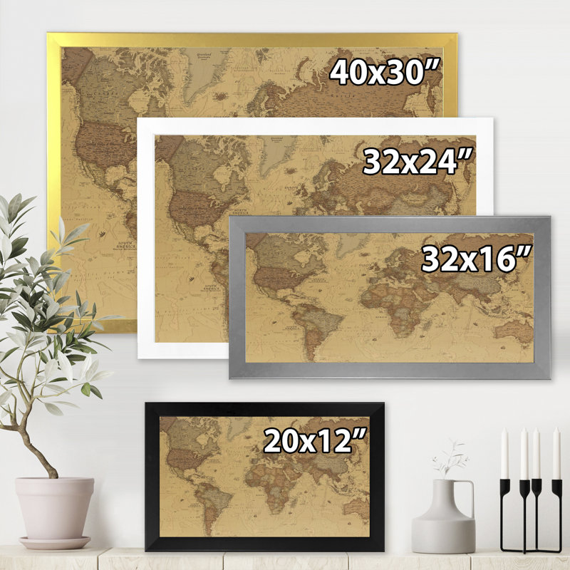 Ancienne carte du monde III - reproduction d'art sur toile, H 16 po x l 32 po x p 1 po, Noir