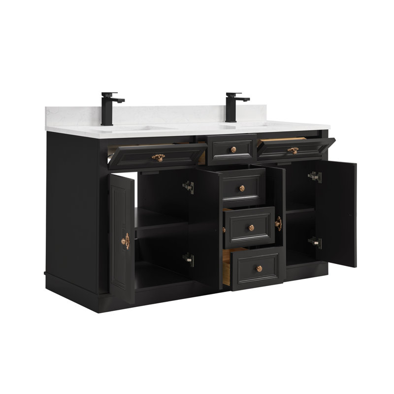 60" Solid Wood Sink Vanity With 1" Artificial Stone Top, Rose Gold, Tricorn Black