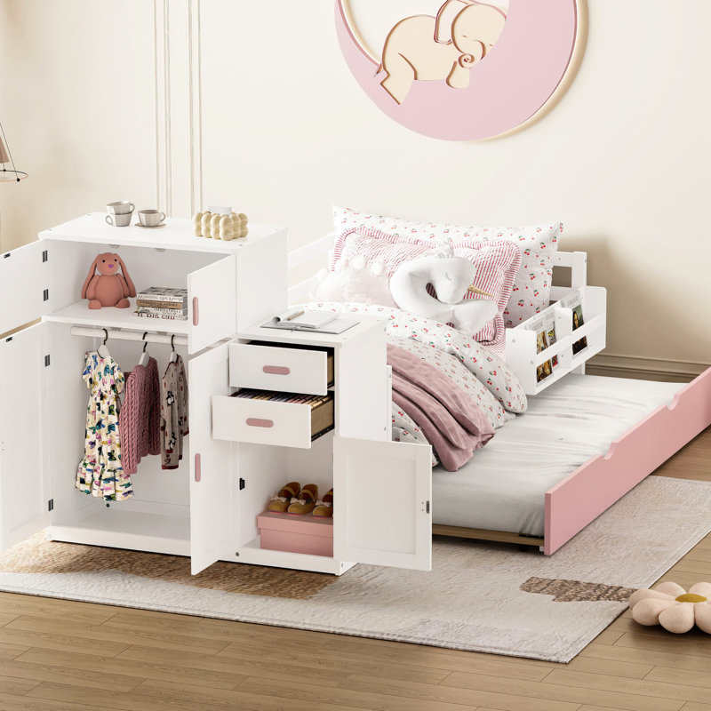 Lit simple en bois avec garde-robe mobile et lit gigogne intégré, bibliothèque blanche pour petits espaces de chambre d'amis