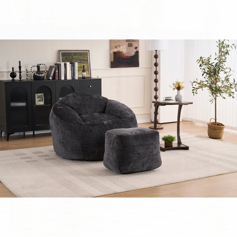 Fauteuil à billes en chenille avec repose-pieds, Chenille noir