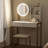 Small LED Lighted Vanity Desk with Mirror, Makeup Table with 3 Lighting Modes, Power Outlet, Drawer, Open Shelves & Cushioned Stool for Bedroom, White & Gold