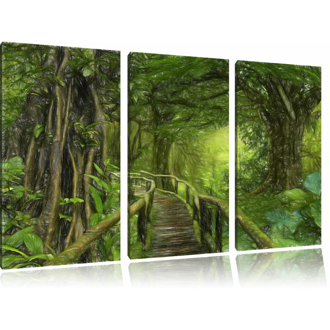 3-tlg. Leinwandbilder-Set „Der Weg durch den traumhaften Tropenwald“, Grafikdruck