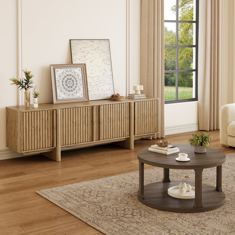 Ensemble de salon moderne 2 pièces, console de télévision cannelée 70 po avec rangement et table basse ronde à 2 niveaux, Oak