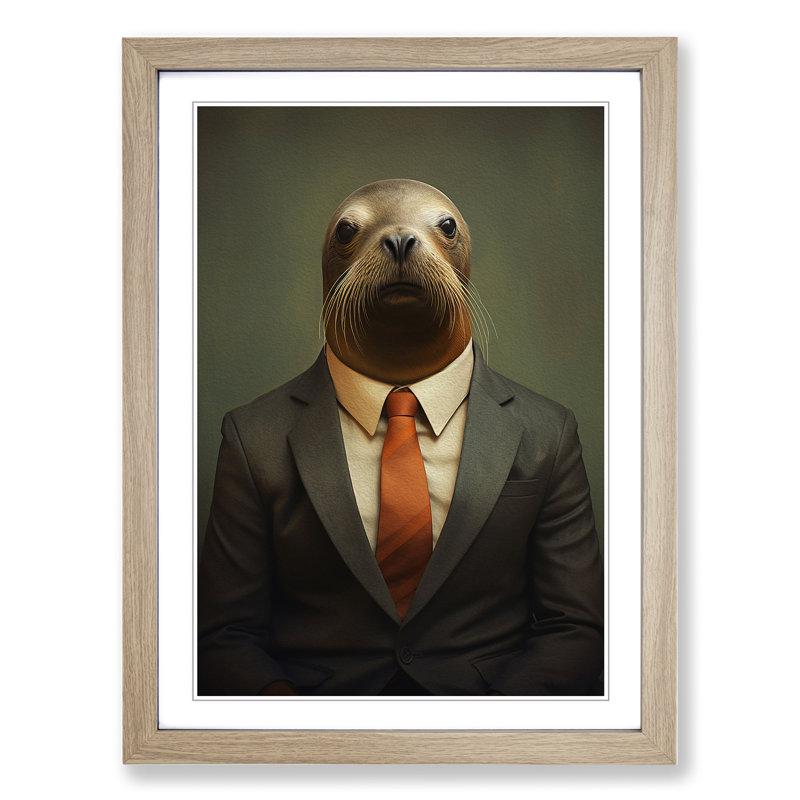 Sea Lion in a Suit Painting - Framed Print, Oak , 64cm H x 46cm W x 2cm D