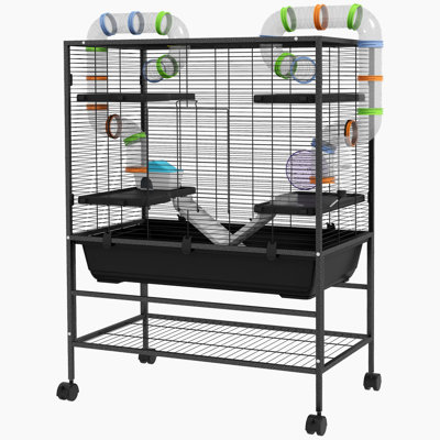 32" Large Hamster Cage On Wheels, Rat Cage For Syrian Hamster, Dwarf Hamster, Gerbils, With Tubing System, Storage Shelf, Running Wheel, Food Dish, Water Bottle