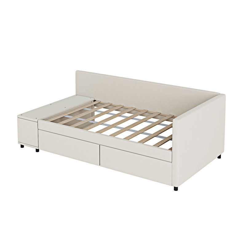 Lit plateforme simple tapissier en forme de L avec rangement, Beige