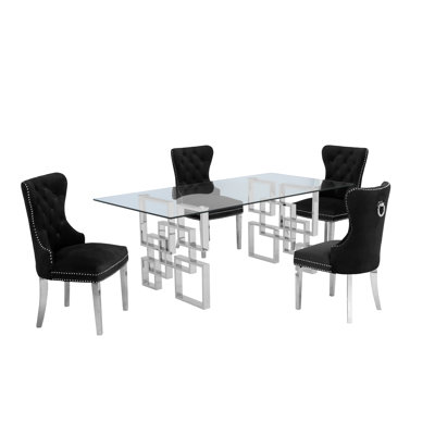 Ensemble de salle à manger 5 pièces Bauxite en verre transparent avec chaises capitonnées en velours et garniture cloutée