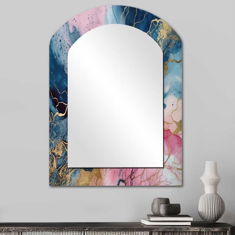 Exploring The Depths Of Pink Geode IV - Marble Asymmetrical Large Wall Mirror, Pink Arch Decorative Mirror, Printed Metal Art