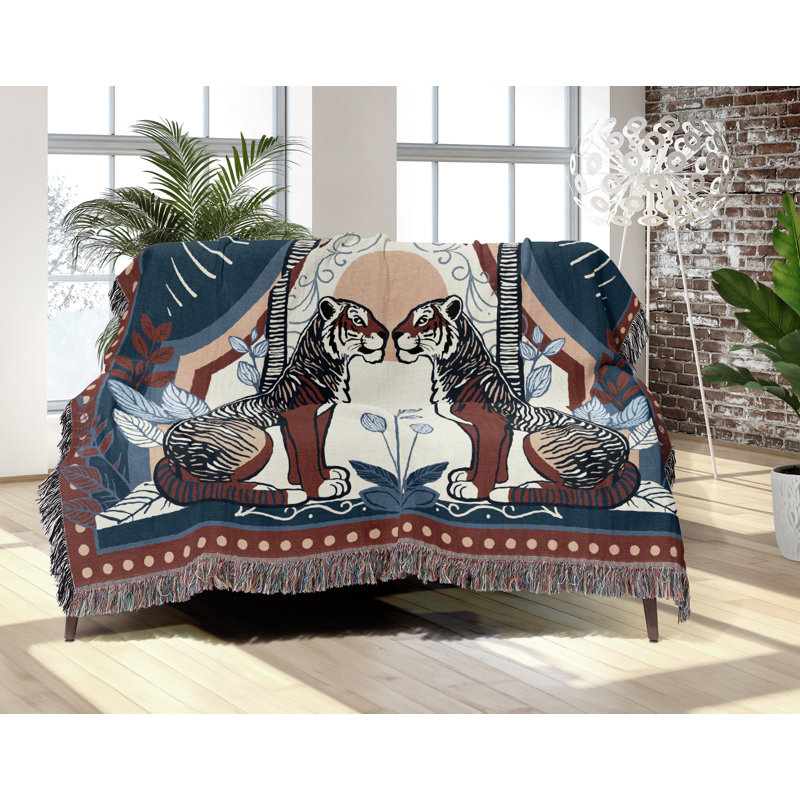 Jeté en mélange de coton Faya Tiger, L 70 po x l 50 po, Rouge / Bleu