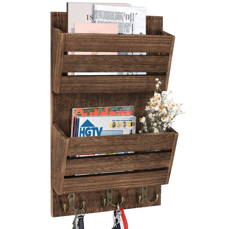 Organisateur de courrier avec 4 crochets, fixation murale, porte-clés en bois de cèdre, Brun