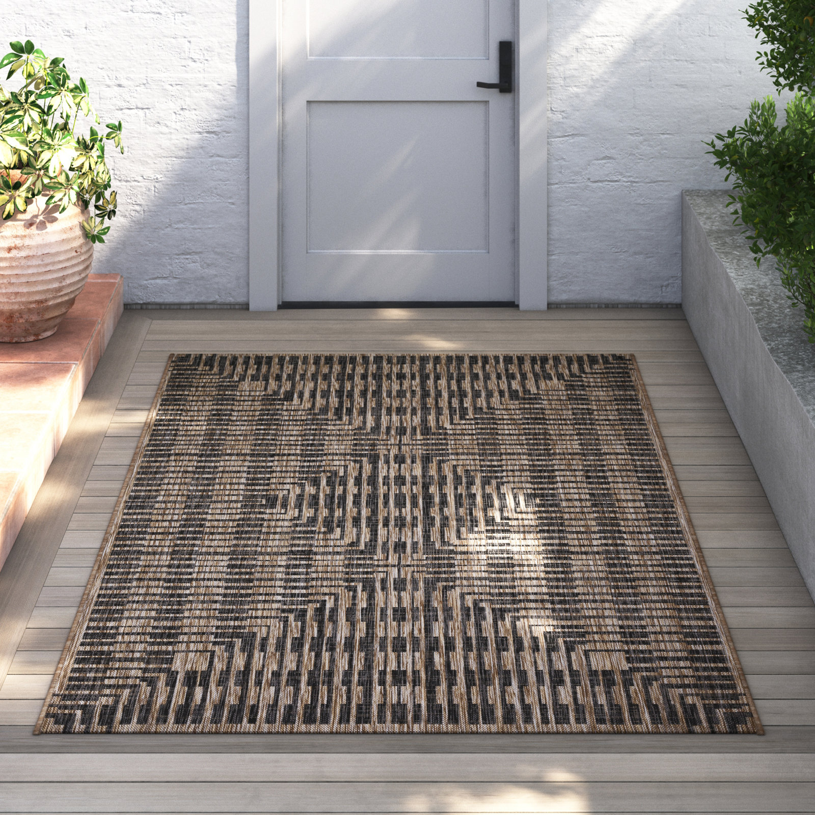 Tiza Geometric Brown/Black Indoor / Outdoor Area Rug, Rectangle 5'3" x 7'7"