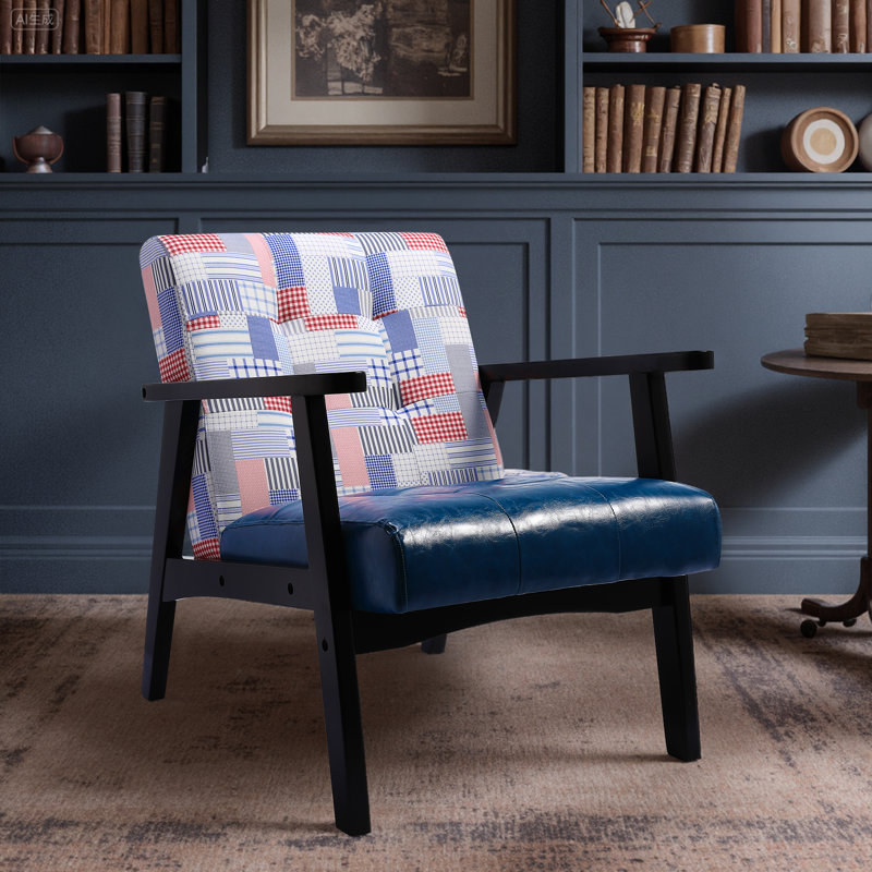 Floral Print Features Tufted Artificial Leather Mid-century Modern Accent Armchair, Blue/Patchwork