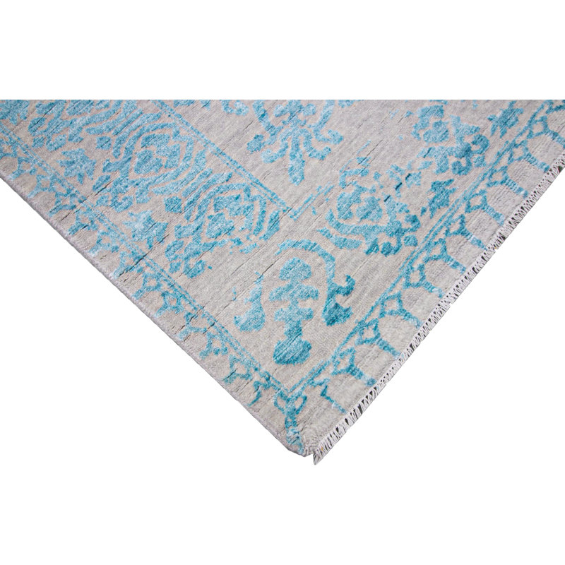 Hand-Knotted High-Quality Silver and Aqua Area Rug