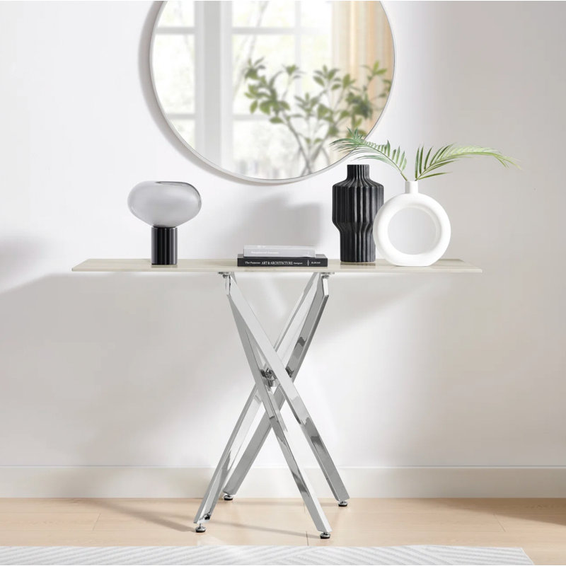 Atal Marble Effect Console Table - Glass Topped Metal Leg Narrow Hallway Console Table, White, Silver