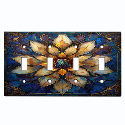 Metal Light Switch Plate Cover; US Standard Size 4 Gang Toggle - Stained Glass PRINT Floral Mandala