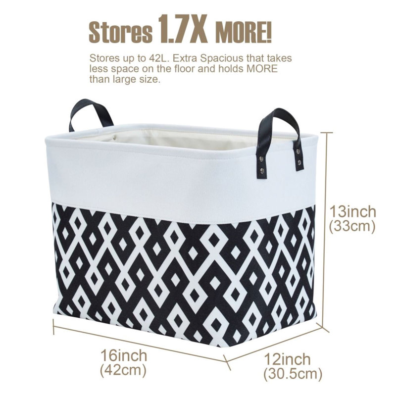 Foldable Storage Bin | Collapsible Sturdy Fabric Storage Basket Container W/Handles, White/Black