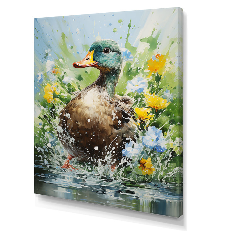 «Duck Springtime Splash Blooms», art mural canard, Toile tendue, 32" H x 24" W