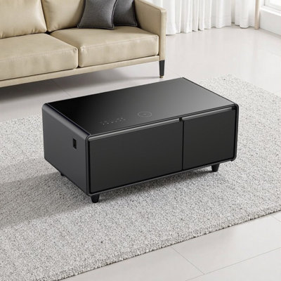 Smart Luxury Coffee Table w Built-in Fridge, Bluetooth Speaker, Wireless Charging & RGB Lights, Black