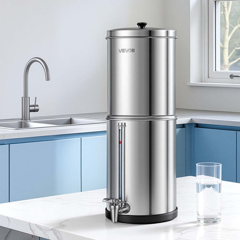 Gravity-fed Water Filter System, 1.5G 304 Stainless-Steel Countertop Water Filtration System, Reduces Lead and up to 99% of Chlorine, with 2 Carbon Filters, Water Level Spigot, for Home Camping