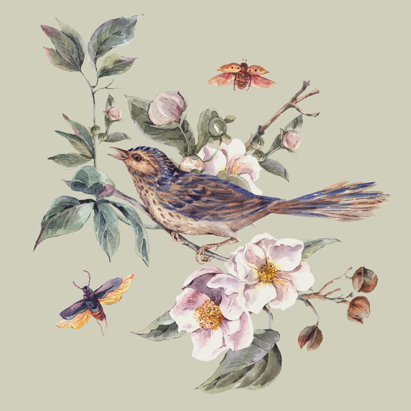 Vintage Greeting Card with Blooming Apple Trees and Birds - Wrapped Canvas Painting, 91cm H x 91cm W