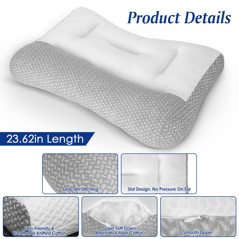 Set of 2 Ergonomic Contour Pillows, Dual-Sided Height Zoned Support Pillow with Ear Groove, Breathable 3D Mesh Bed Pillow for Side, Back & Stomach Sleepers