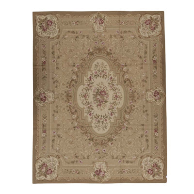 Tapis beige / rose / vert noué à la main de haute qualité