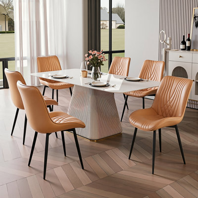 Ensemble de 6 chaises de salle à manger rembourrées en cuir de polyuréthane avec pieds en métal et chaises d'appoint en similicuir de style Mid-Century pour salle à manger, cuisine et restaurant