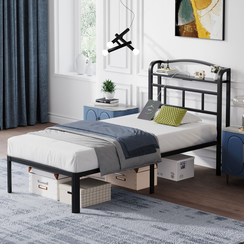 14 Inch Metal Bed Frame With Headboard And Charging Station No Box Spring Needed, Twin