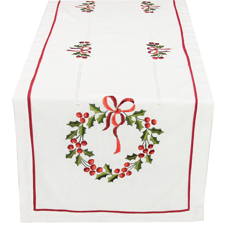 Country Wreath Embroidered Hemstitch Holiday Table Runner, 28" L x 12" W