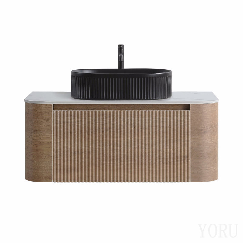 Meuble-lavabo de 36 pouces avec lavabo, armoire murale en chêne miel avec porte-serviettes gratuit, conception de lavabo simple en céramique rayée ovale noire, sans drain et robinet, pré-assemblé