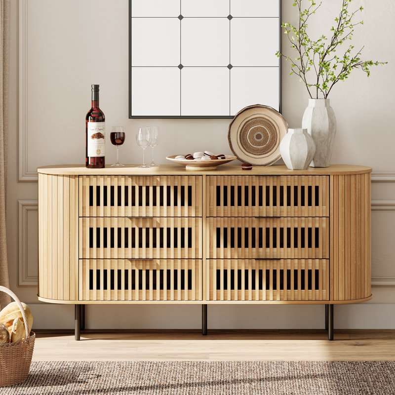 Mid-Century Modern Wooden Dresser with Slatted Design and 6 Drawers, Ideal for Living Room, Bedroom, and Hallway, Oak