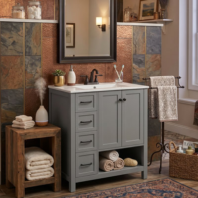 Meuble-lavabo 30 po avec comptoir en céramique intégré et meuble-lavabo moderne en bois aggloméré noir / blanc / gris / bleu-gris
