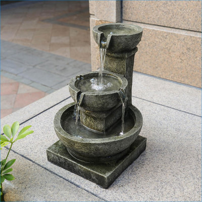 Fountains, 3-Tier Vintage LED Water Fountain, 11.8"L x 11.8"W x 16.4"H, Indoor Outdoor for Garden Patio | Resin | Tiered Waterfall Fountain