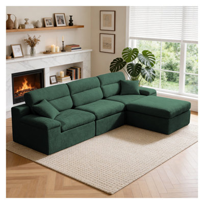 Canapé méridienne en L avec dossier haut et fonction couchette - Canapé modulaire en chenille flammé vert foncé pour le salon