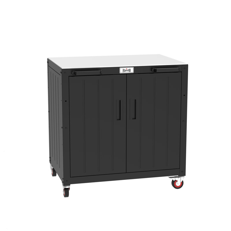 Îlot de cuisine d'extérieur modulaire 35 po avec dessus en acier inoxydable et armoire de rangement fermée - chariot de barbecue et support à pizza FEASTO