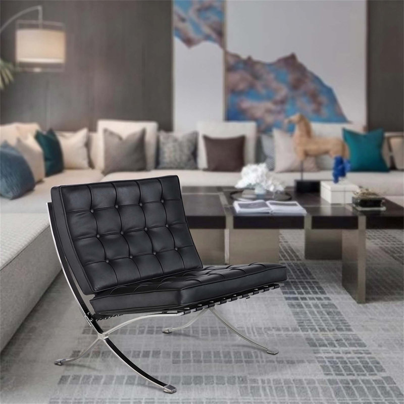 Chaise longue capitonnée en cuir italien noir et argent 32 po