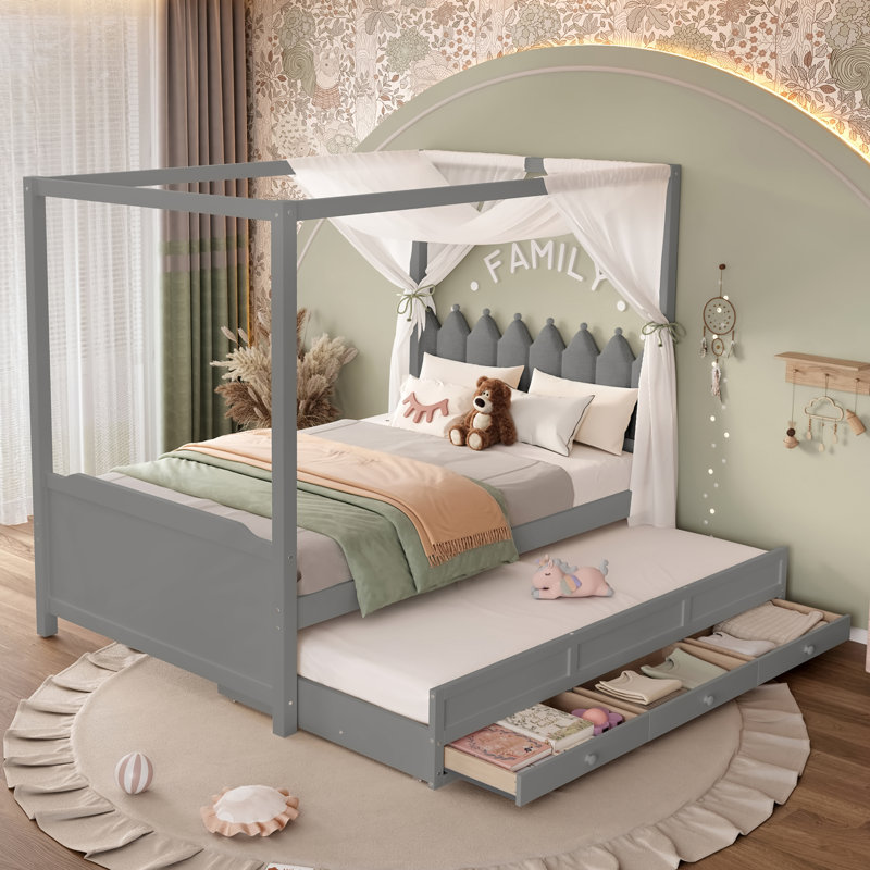 Lit plateforme à baldaquin Riviera avec tête de lit tapissier, lit gigogne et 3 tiroirs Riviera Princess, Gris, Double