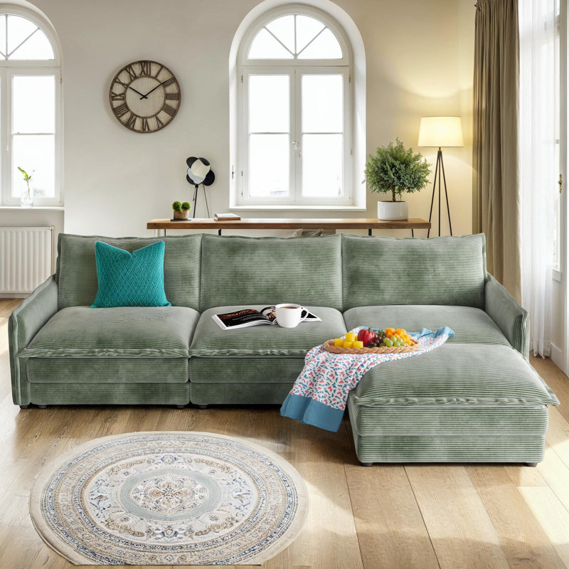 L-Shaped Sectional Sofa 3-Seater Corduroy Upholstered Cloud Couch with 1 Movable Footrest, Green Corduroy