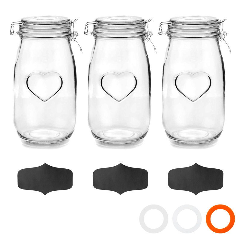 Nicola Spring - Heart Glass Storage Jars with Labels, 21.5cm H x 10.5cm W x 10.5cm D, White