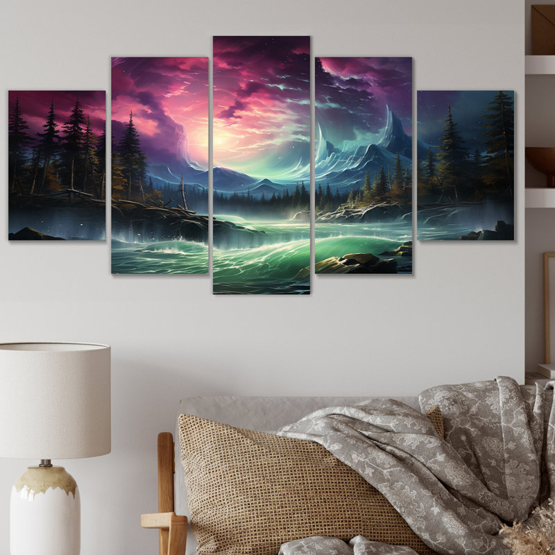 Northern Lights Aurora Cascade - Impression sur toile de paysages - 5 panneaux