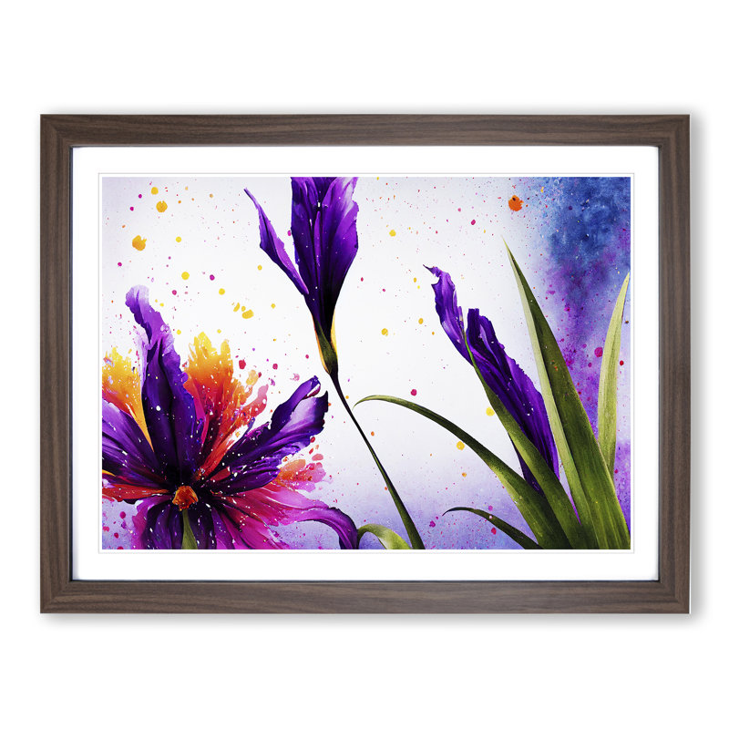 Iris Flower Splash 1 Piece Single Picture Frame Wall Art, 46cm H x 64cm W x 2cm D, Walnut