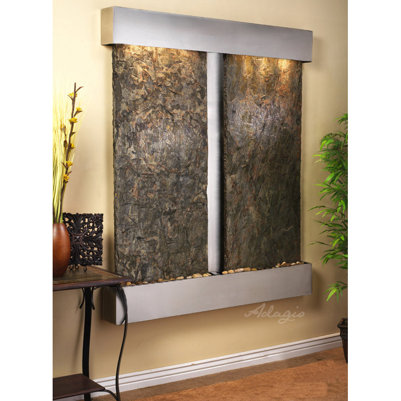 Cottonwood Falls Fountain with Light, Stainless Steel, Green Slate, Square